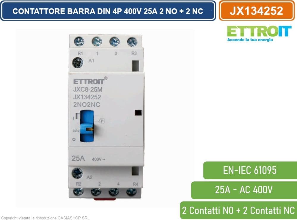 ETTROIT JX134252 CONTATTORE DOMESTICO DIN AC 220V 4P 25A 50HZ CON INTERRUTTORE DI CONTROLLO MANUALE 2 CONTATTI APERTI NO + 2 CONTATTI CHIUSI NC - 2