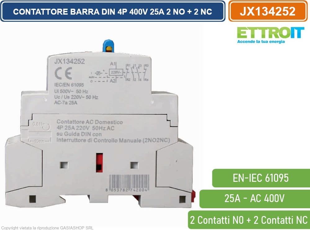 ETTROIT JX134252 CONTATTORE DOMESTICO DIN AC 220V 4P 25A 50HZ CON INTERRUTTORE DI CONTROLLO MANUALE 2 CONTATTI APERTI NO + 2 CONTATTI CHIUSI NC - 3