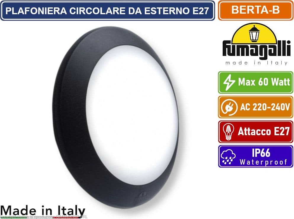 FUMAGALLI BERTA PLAFONIERA CIRCOLARE NERA CON PORTALAMPADA E27 MAX 60W SENZA VITI DA ESTERNO IP66