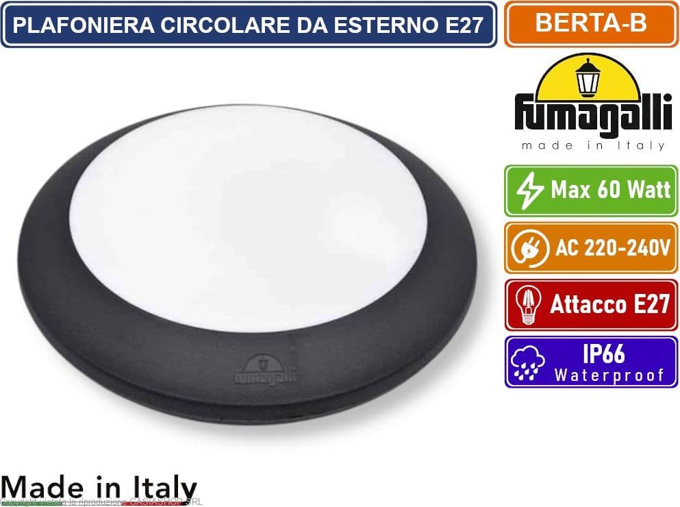 FUMAGALLI BERTA PLAFONIERA CIRCOLARE NERA CON PORTALAMPADA E27 MAX 60W SENZA VITI DA ESTERNO IP66 - 2