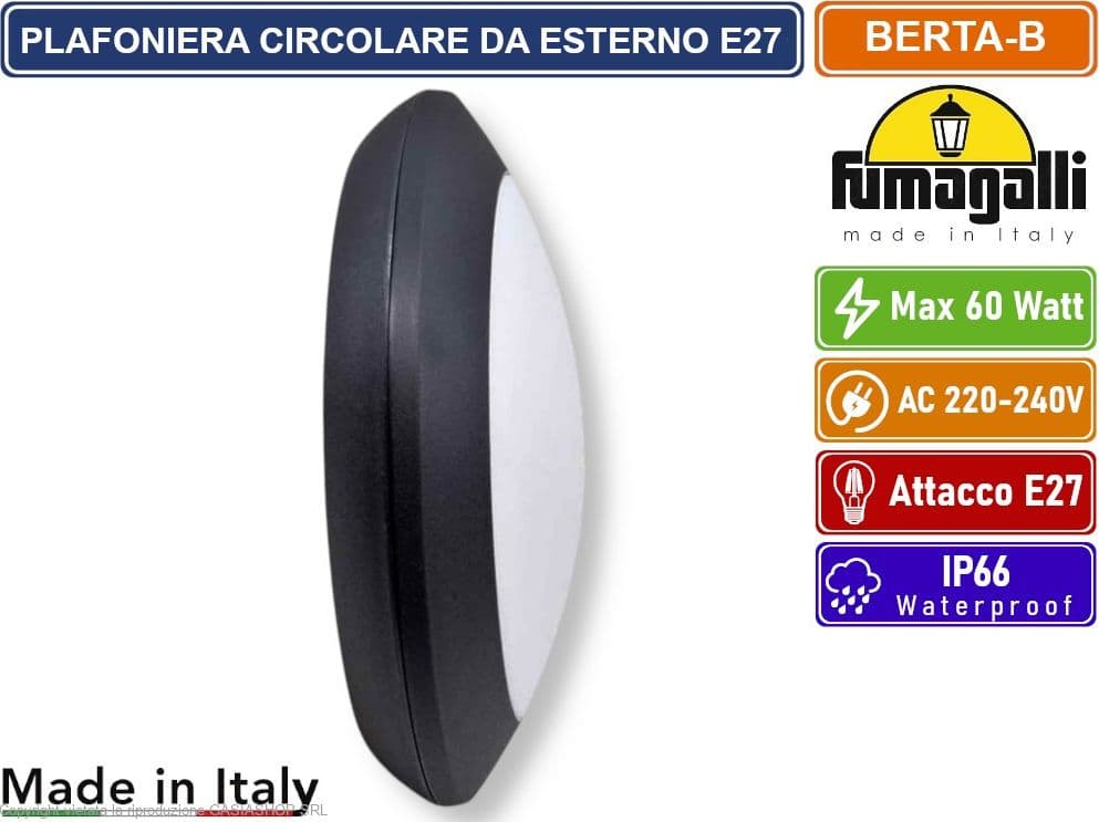 FUMAGALLI BERTA PLAFONIERA CIRCOLARE NERA CON PORTALAMPADA E27 MAX 60W SENZA VITI DA ESTERNO IP66 - 3