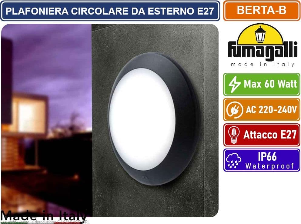 FUMAGALLI BERTA PLAFONIERA CIRCOLARE NERA CON PORTALAMPADA E27 MAX 60W SENZA VITI DA ESTERNO IP66 - 4