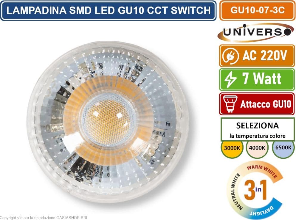 UNIVERSO GU10-07-3C LAMPADINA FARETTO LED 7W 510 LUMEN ATTACCO GU10 CON SWITCH CCT PER SELEZIONE LUCE 3000K/4000K/6500K - 2