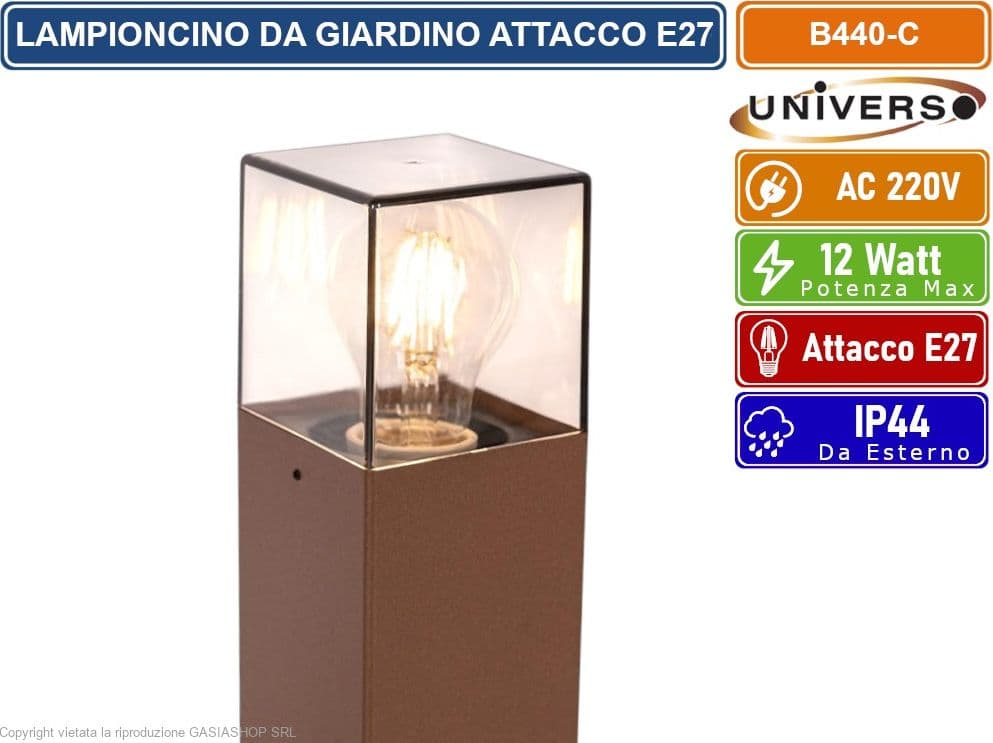 UNIVERSO B440 LAMPIONCINO PALO DA GIARDINO QUADRATO CON FISSAGGIO A TERRA PER LAMPADINE E27 ROSSO RUGGINE IP44 - 2