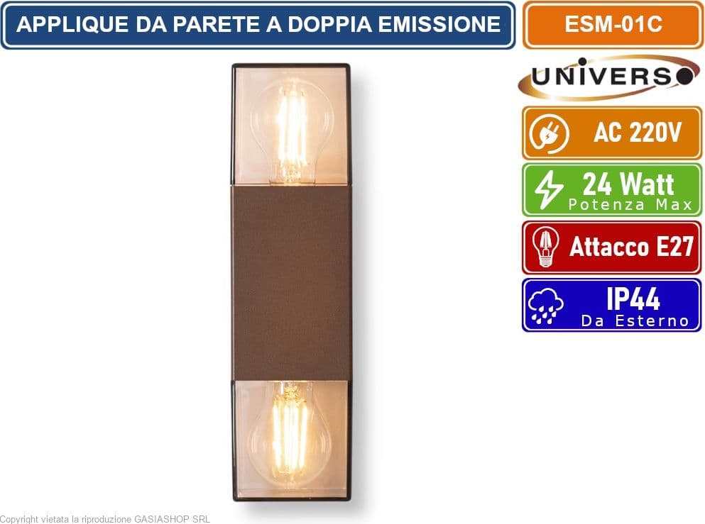 UNIVERSO ESM-01C APPLIQUE DOPPIA EMISSIONE CON PORTALAMPADA E27 DA ESTERNO IP44 ROSSO RUGGINE - 2
