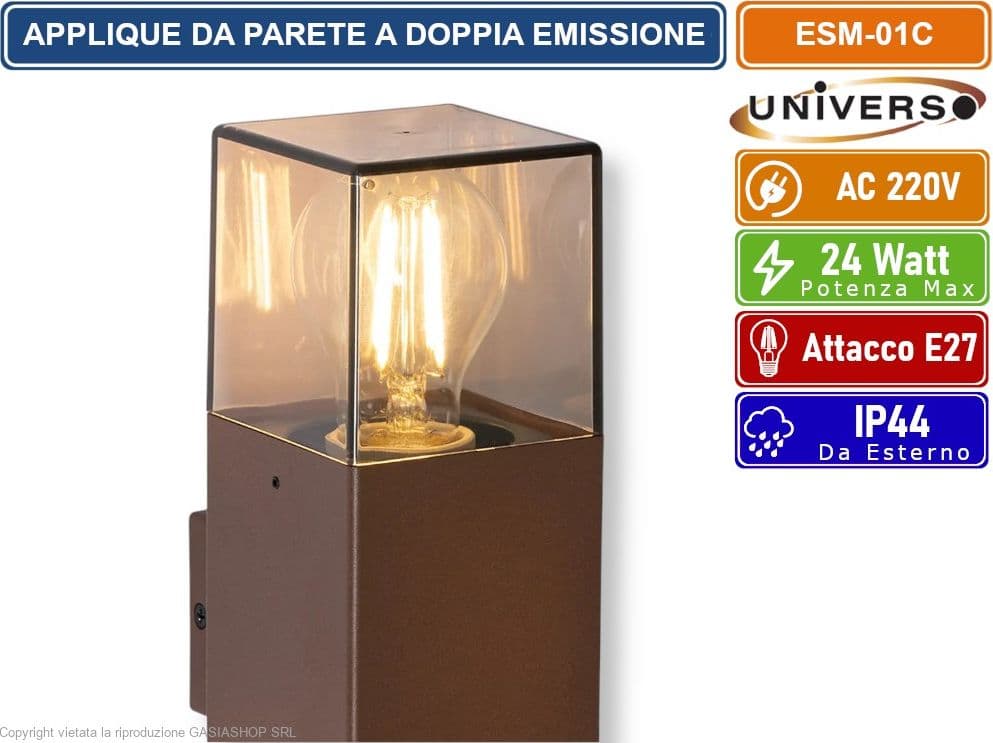 UNIVERSO ESM-01C APPLIQUE DOPPIA EMISSIONE CON PORTALAMPADA E27 DA ESTERNO IP44 ROSSO RUGGINE - 3