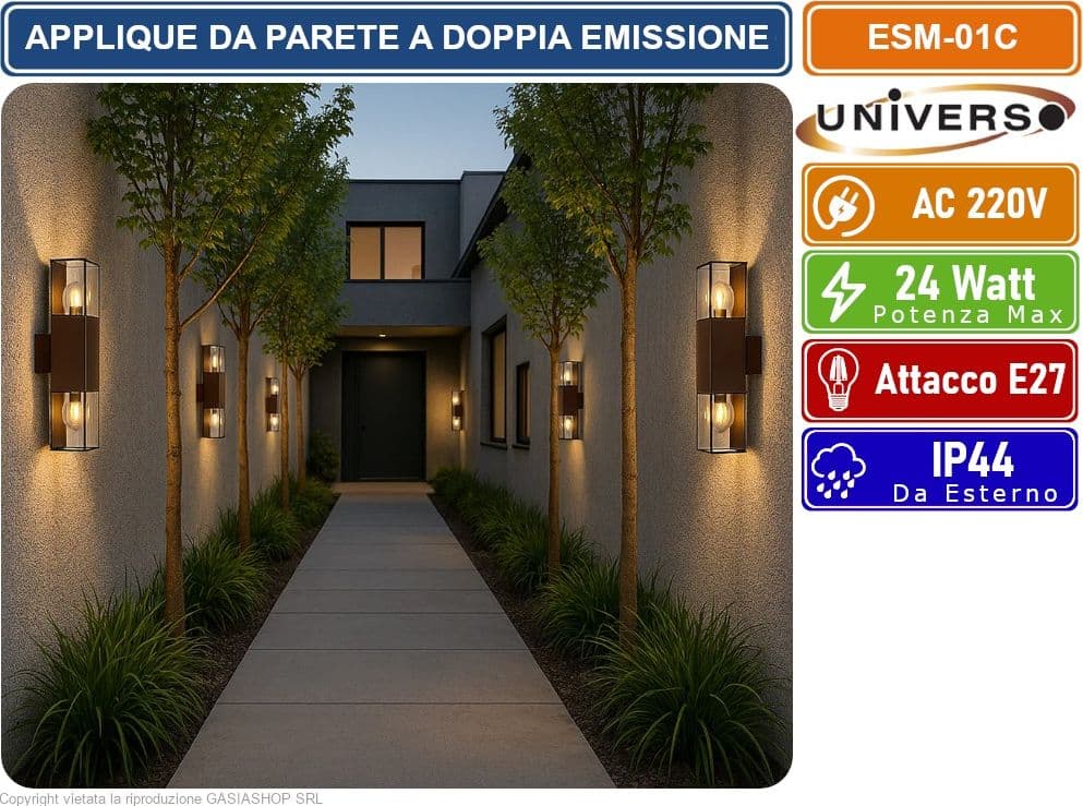 UNIVERSO ESM-01C APPLIQUE DOPPIA EMISSIONE CON PORTALAMPADA E27 DA ESTERNO IP44 ROSSO RUGGINE - 4