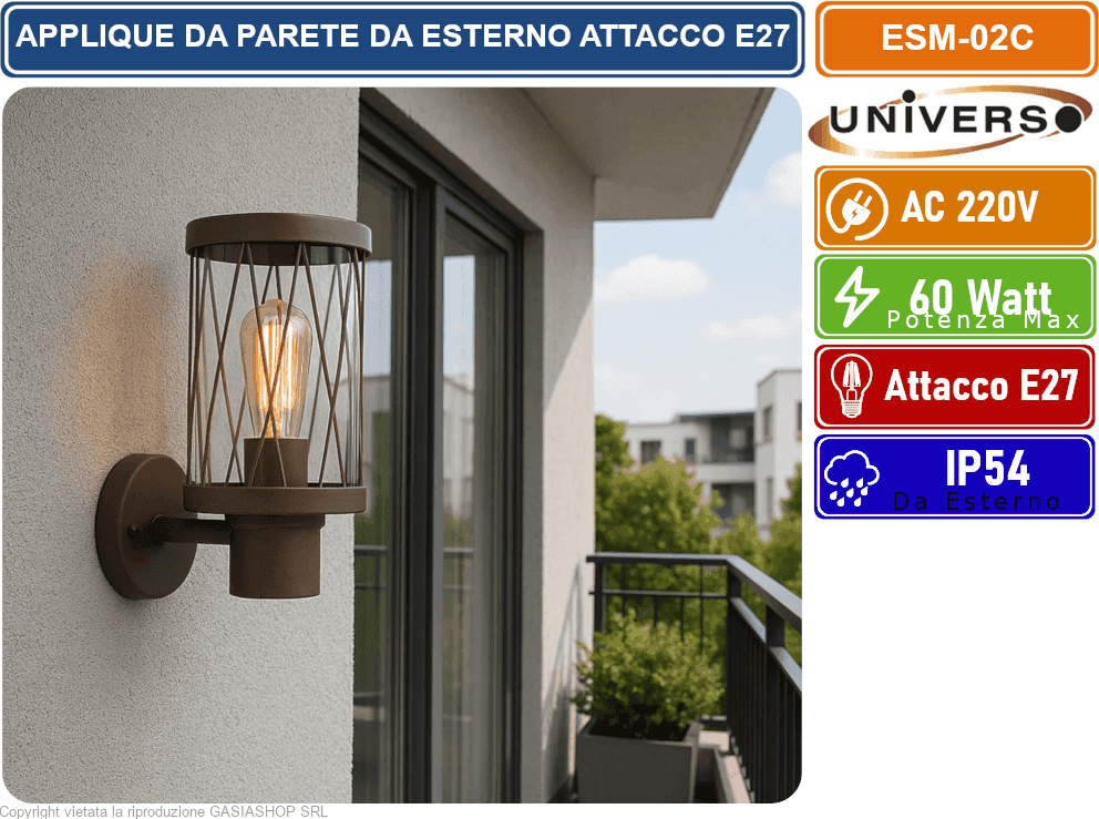 UNIVERSO ESM-02C APPLIQUE LAMPADA DA PARETE CON PORTALAMPADA E27 DA ESTERNO IP54 ROSSO RUGGINE - 2