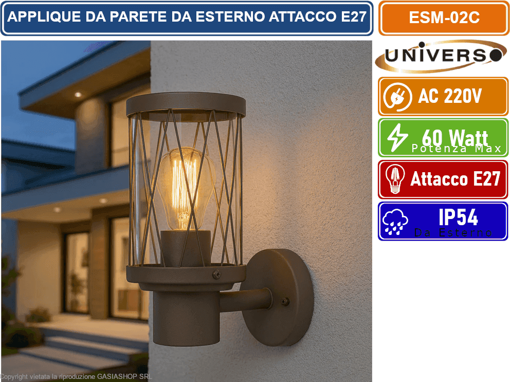 UNIVERSO ESM-02C APPLIQUE LAMPADA DA PARETE CON PORTALAMPADA E27 DA ESTERNO IP54 ROSSO RUGGINE - 3