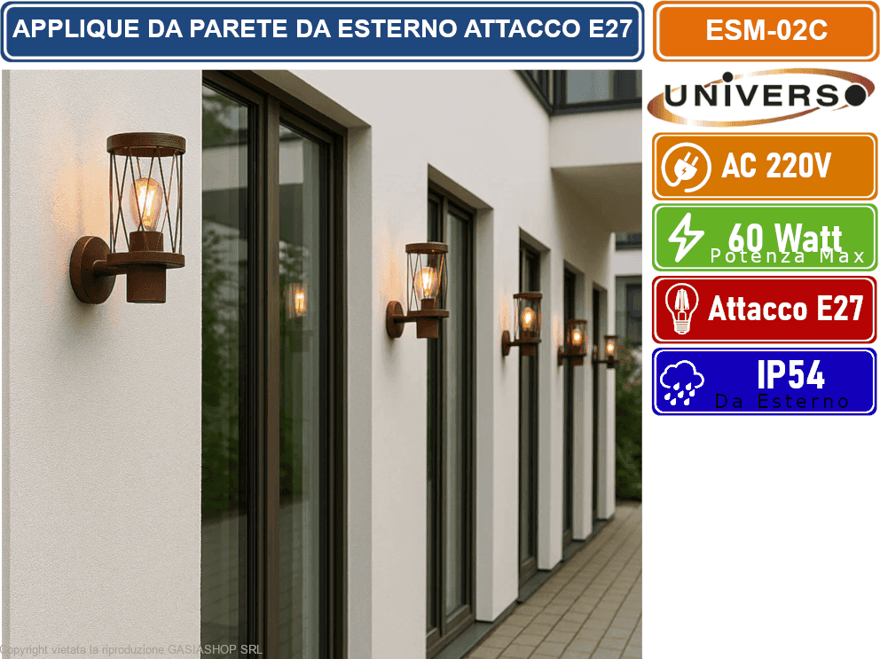 UNIVERSO ESM-02C APPLIQUE LAMPADA DA PARETE CON PORTALAMPADA E27 DA ESTERNO IP54 ROSSO RUGGINE - 4