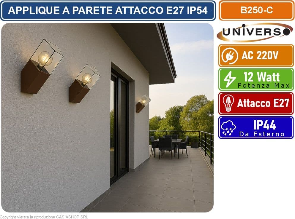 UNIVERSO B250-C APPLIQUE LAMPADA DA PARETE OBLIQUA CON PORTALAMPADA E27 DA ESTERNO IP44 ROSSO RUGGINE - 2