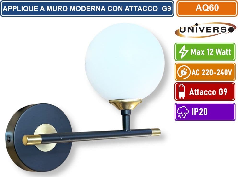 UNIVERSO AQ60 APPLIQUE MODERNO DA INTERNO CON SFERA DECORATIVA CON PORTALAMPAGA ATTACCO G9 - 2