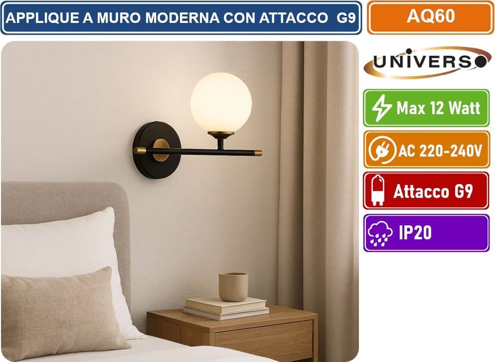 UNIVERSO AQ60 APPLIQUE MODERNO DA INTERNO CON SFERA DECORATIVA CON PORTALAMPAGA ATTACCO G9 - 5