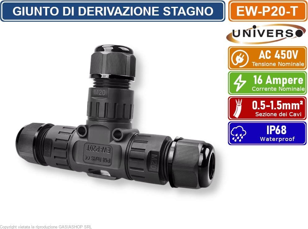 UNIVERSO EW-P20-T GIUNTO DI DERIVAZIONE STAGNO IMPERMEABILE A T IP68 CON 3 TERMINALI - 2