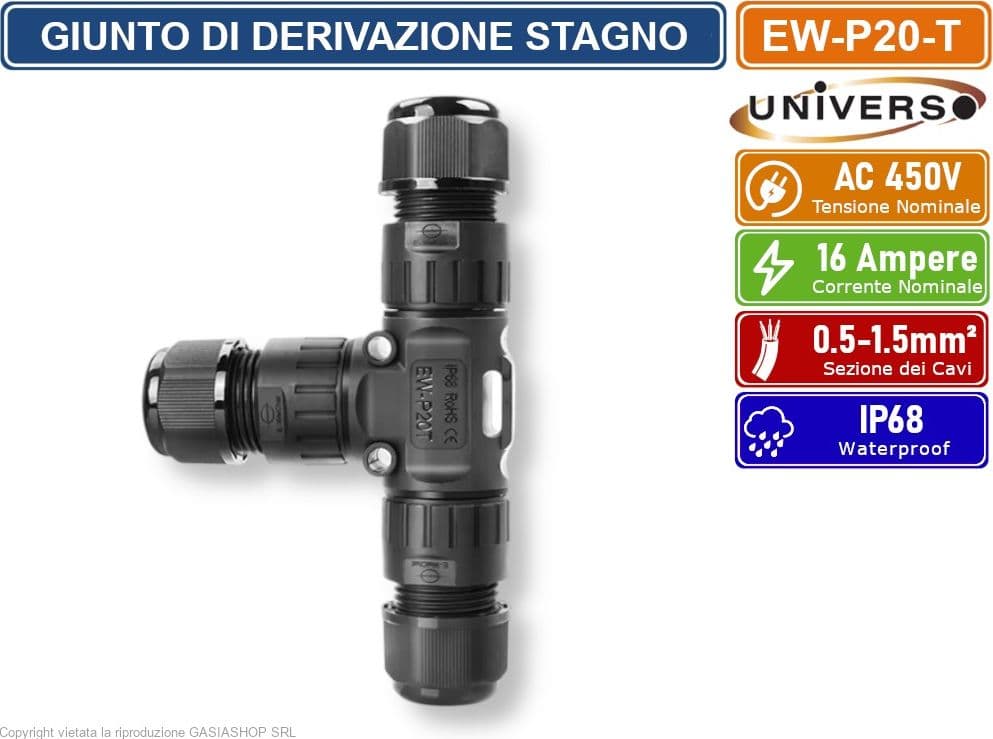 UNIVERSO EW-P20-T GIUNTO DI DERIVAZIONE STAGNO IMPERMEABILE A T IP68 CON 3 TERMINALI - 3
