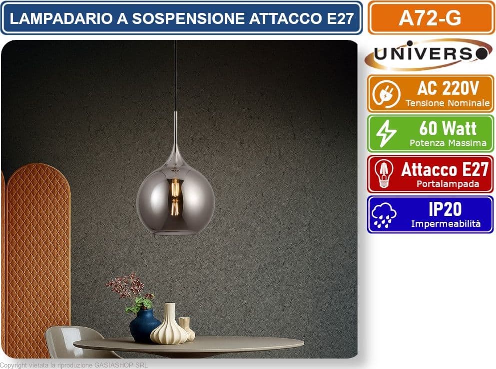 UNIVERSO A72-G LAMPADARIO A SOSPENSIONE DESIGN MODERNO CON SFERA IN VETRO FUME' ATTACCO E27 - 2