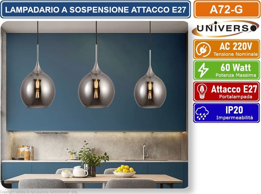 UNIVERSO A72-G LAMPADARIO A SOSPENSIONE DESIGN MODERNO CON SFERA IN VETRO FUME' ATTACCO E27 - 3