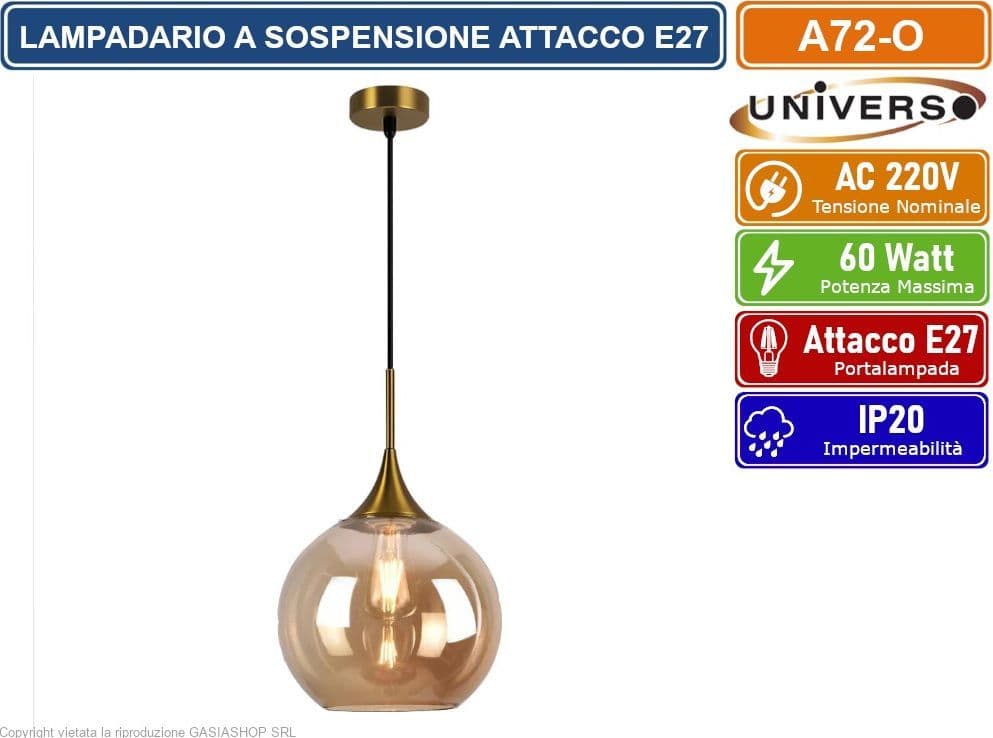 UNIVERSO A72-G LAMPADARIO A SOSPENSIONE DESIGN MODERNO CON SFERA IN VETRO AMBRATO ATTACCO E27 - 4