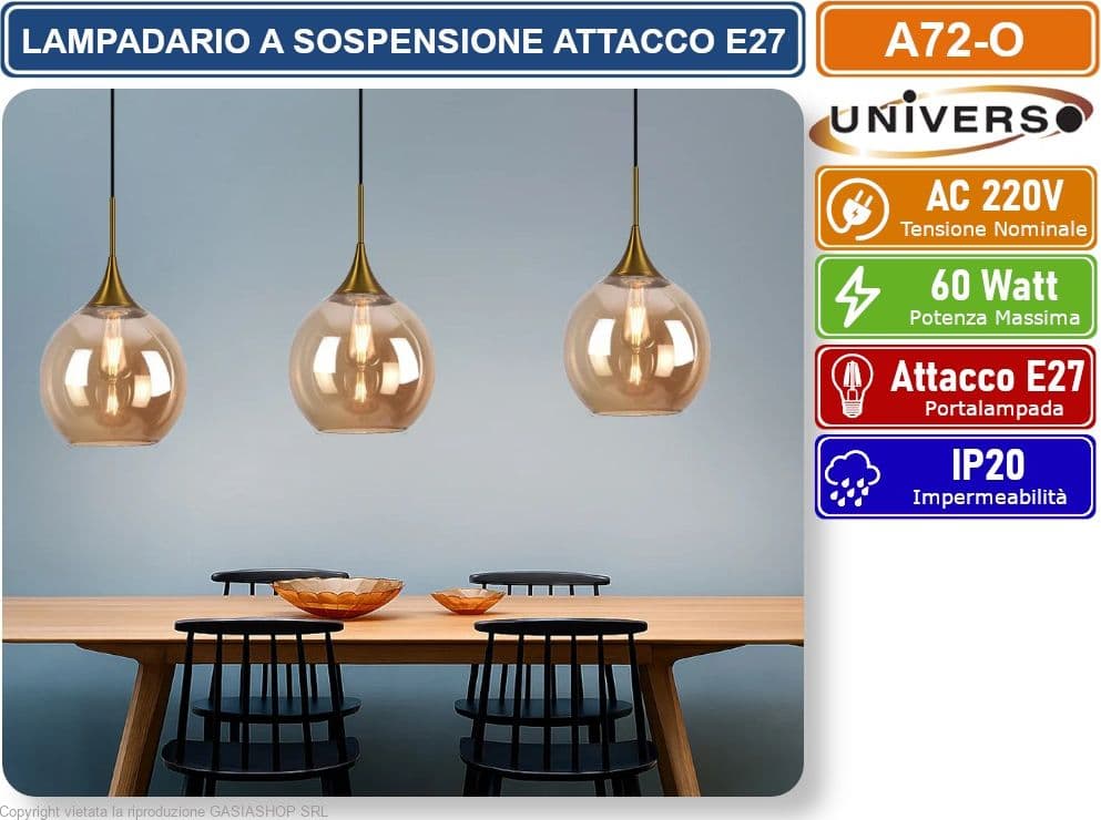 UNIVERSO A72-G LAMPADARIO A SOSPENSIONE DESIGN MODERNO CON SFERA IN VETRO AMBRATO ATTACCO E27 - 2