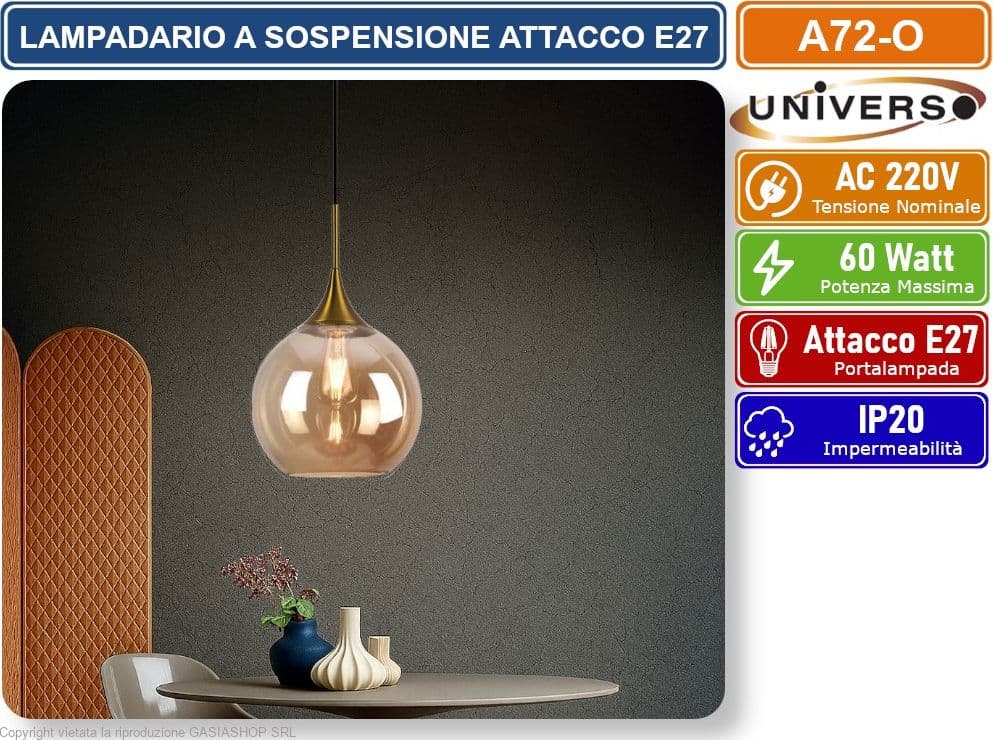 UNIVERSO A72-G LAMPADARIO A SOSPENSIONE DESIGN MODERNO CON SFERA IN VETRO AMBRATO ATTACCO E27 - 3