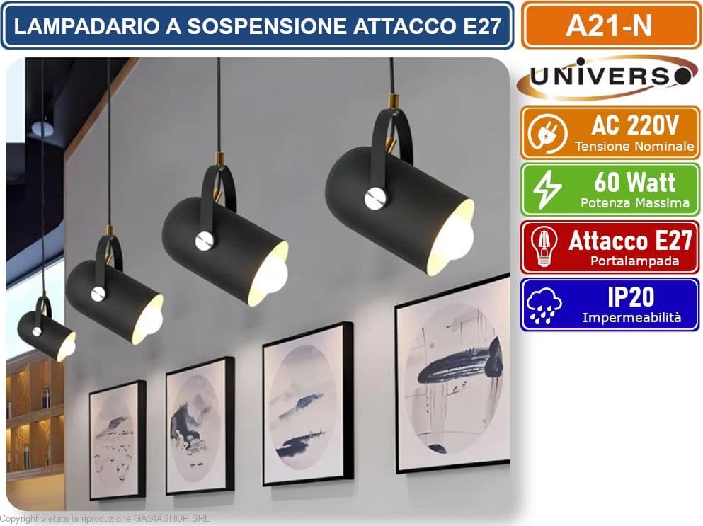 UNIVERSO A21-N LAMPADA A SOSPENSIONE NERA CON PARALUME ORIENTABILE CON ATTACCO E27 - 2