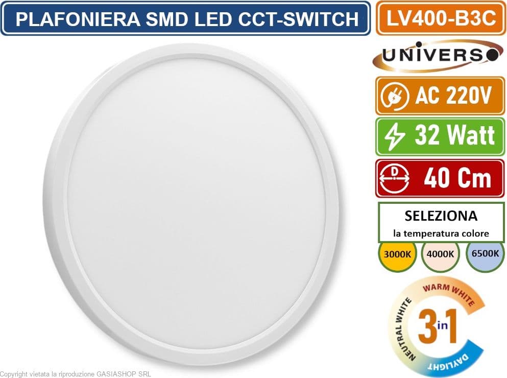 UNIVERSO LV-400-B3C PLAFONIERA ULTRA SLIM ROTONDA BIANCA SMD LED 32W  Ø40CM IP40 CCT 3 IN 1 CAMBIA COLORE LUCE - 2