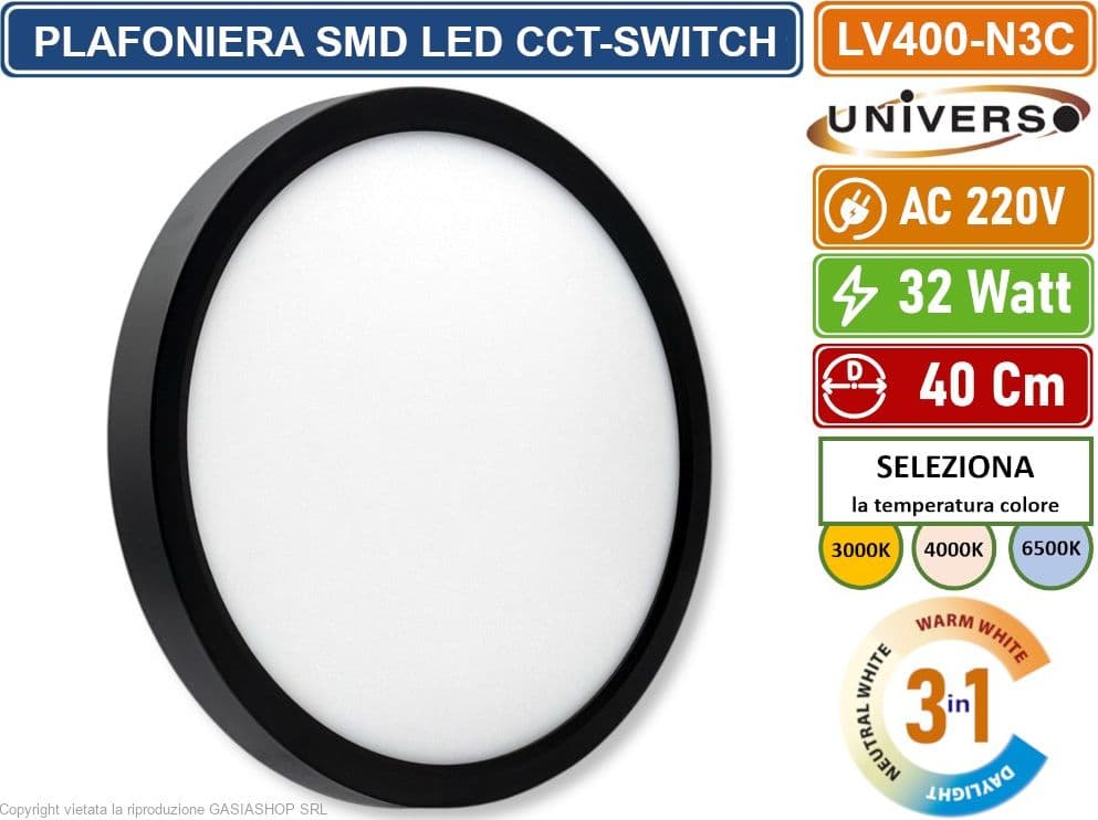 UNIVERSO LV-400-N3C PLAFONIERA ULTRA SLIM ROTONDA NERA SMD LED 32W  Ø40CM IP40 CCT 3 IN 1 CAMBIA COLORE LUCE - 2