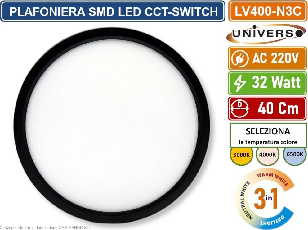 UNIVERSO LV-400-N3C PLAFONIERA ULTRA SLIM ROTONDA NERA SMD LED 32W  Ø40CM IP40 CCT 3 IN 1 CAMBIA COLORE LUCE - 3