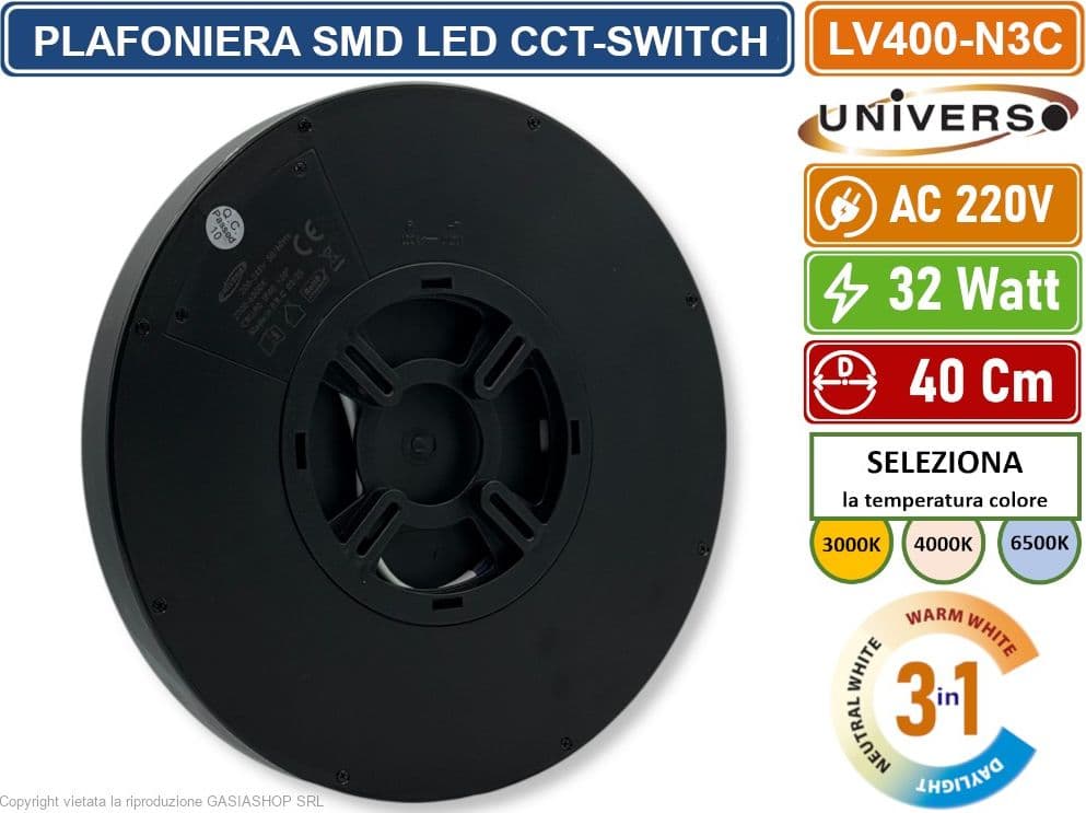 UNIVERSO LV-400-N3C PLAFONIERA ULTRA SLIM ROTONDA NERA SMD LED 32W  Ø40CM IP40 CCT 3 IN 1 CAMBIA COLORE LUCE - 4