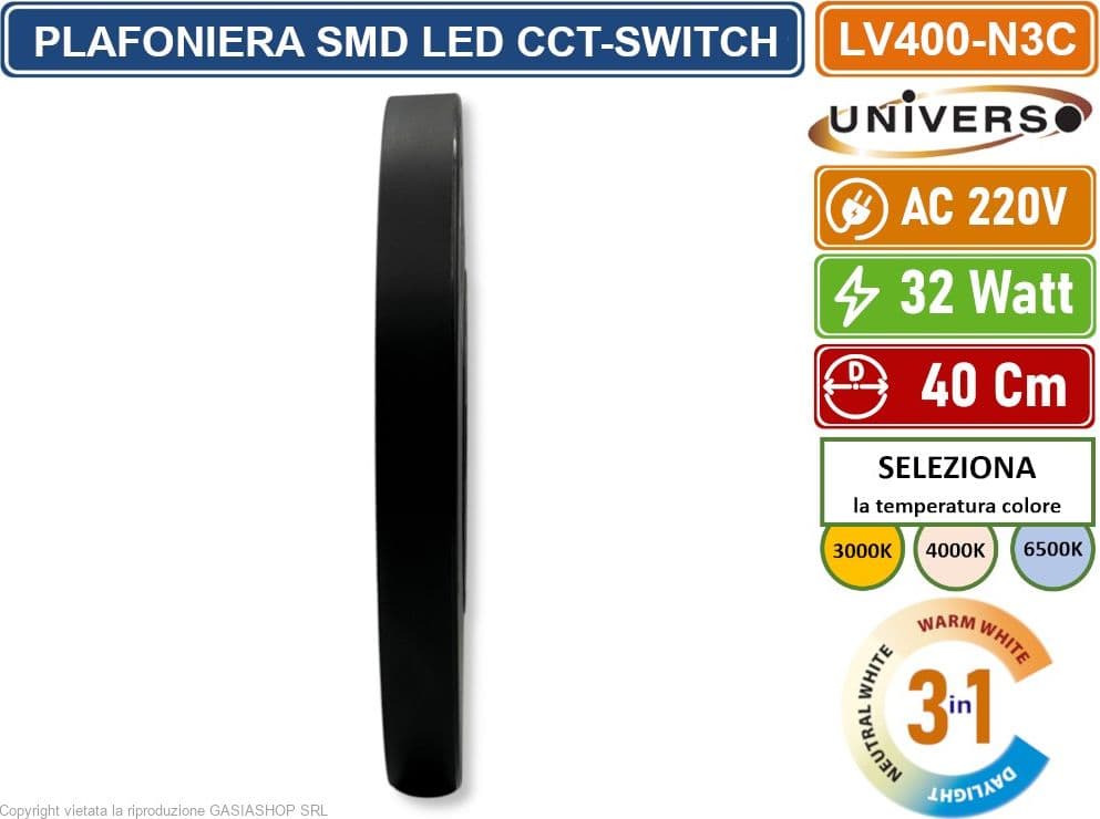 UNIVERSO LV-400-N3C PLAFONIERA ULTRA SLIM ROTONDA NERA SMD LED 32W  Ø40CM IP40 CCT 3 IN 1 CAMBIA COLORE LUCE - 5