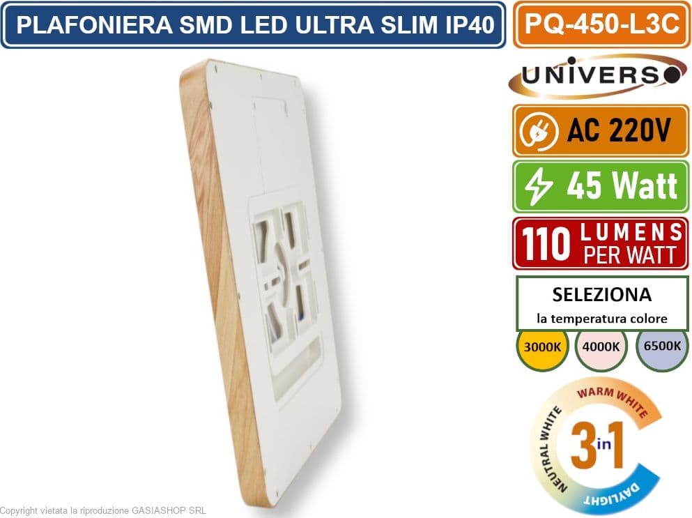 UNIVERSO PQ-450-L3C PLAFONIERA ULTRA SLIM QUADRATA LEGNO SMD LED 45W IP40 CCT 3 IN 1 CAMBIA COLORE LUCE - 5
