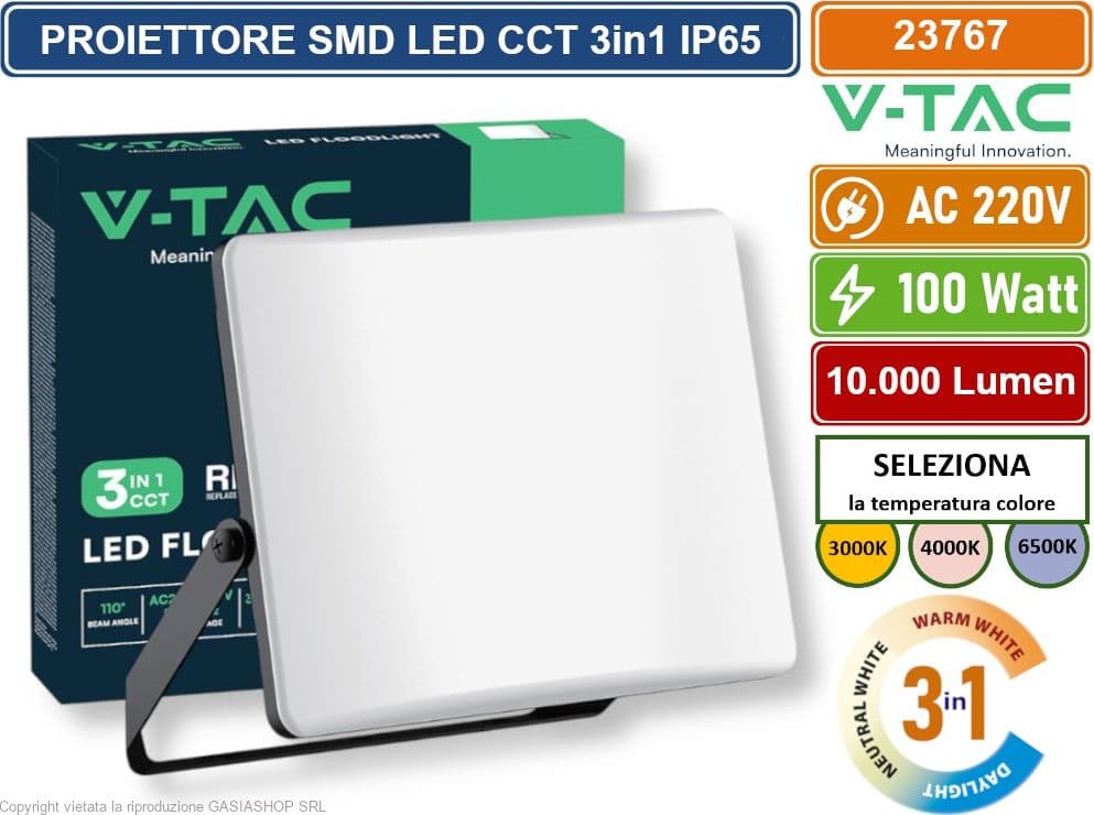 V-TAC VT-44107CCT PROIETTORE FARO SMD LED 100W DIFFUSORE BIANCO CON SELETTORE CCT COLORE LUCE 3000K - 4000K - 6500K - SKU 23767