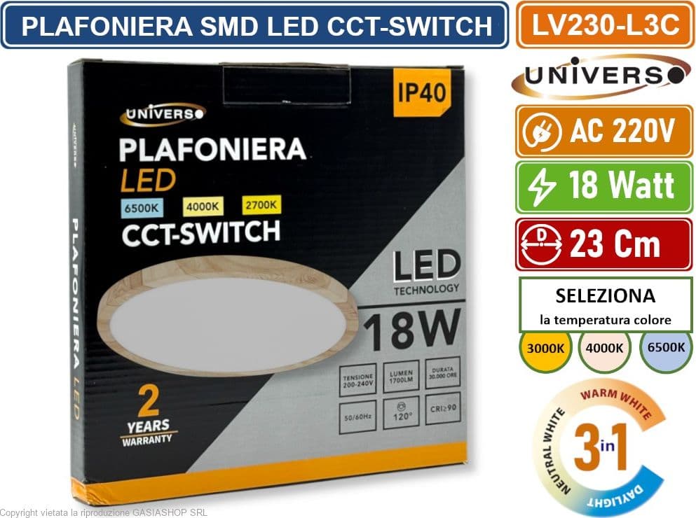 UNIVERSO LV-230-L3C PLAFONIERA ULTRA SLIM ROTONDA EFFETTO LEGNO SMD LED 18W  Ø23CM IP40 CCT 3 IN 1 CAMBIA COLORE LUCE - 5