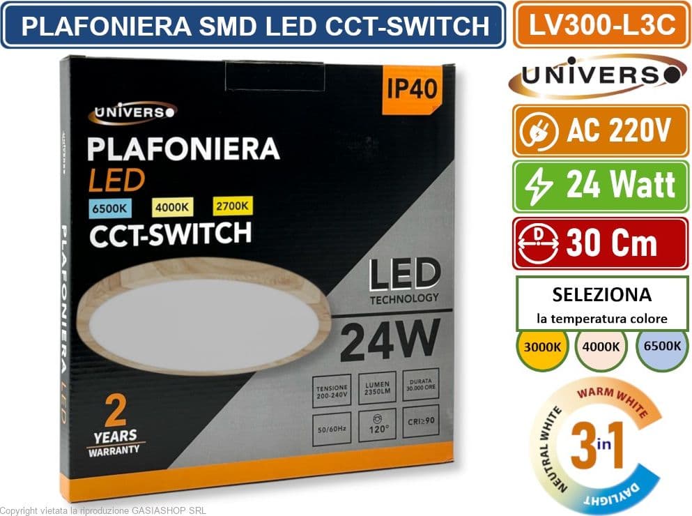 UNIVERSO LV-300-L3C PLAFONIERA ULTRA SLIM ROTONDA EFFETTO LEGNO SMD LED 24W  Ø30CM IP40 CCT 3 IN 1 CAMBIA COLORE LUCE - 5