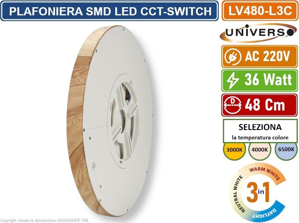 UNIVERSO LV-480-L3C PLAFONIERA ULTRA SLIM ROTONDA EFFETTO LEGNO SMD LED 36W  Ø48CM IP40 CCT 3 IN 1 CAMBIA COLORE LUCE - 4