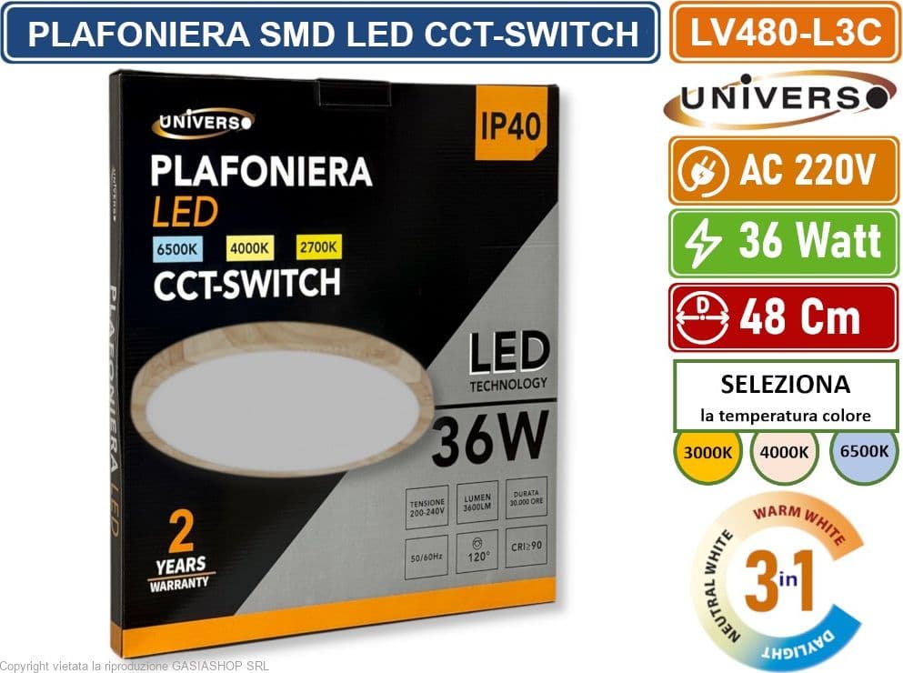 UNIVERSO LV-480-L3C PLAFONIERA ULTRA SLIM ROTONDA EFFETTO LEGNO SMD LED 36W  Ø48CM IP40 CCT 3 IN 1 CAMBIA COLORE LUCE - 5