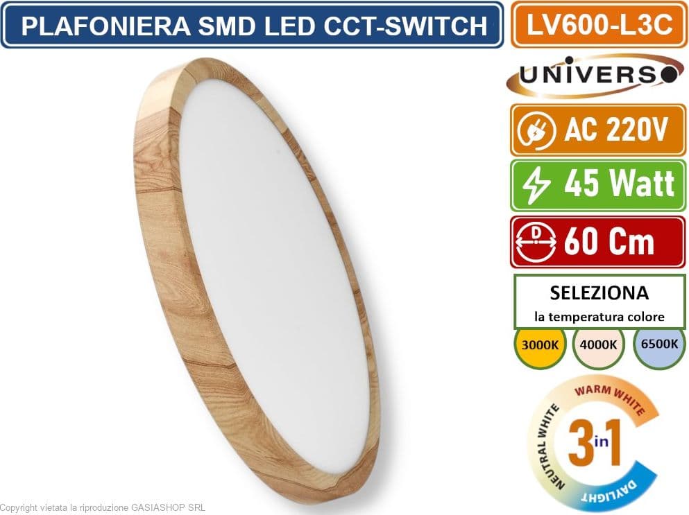 UNIVERSO LV-600-L3C PLAFONIERA ULTRA SLIM ROTONDA EFFETTO LEGNO SMD LED 45W  Ø60CM IP40 CCT 3 IN 1 CAMBIA COLORE LUCE - 2