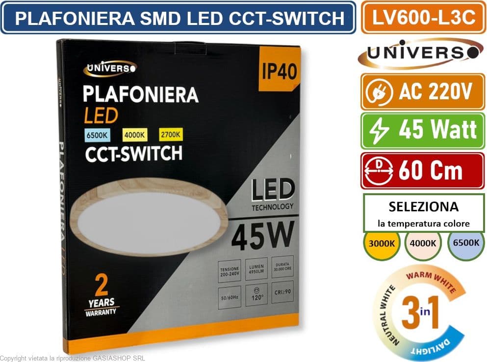 UNIVERSO LV-600-L3C PLAFONIERA ULTRA SLIM ROTONDA EFFETTO LEGNO SMD LED 45W  Ø60CM IP40 CCT 3 IN 1 CAMBIA COLORE LUCE - 5