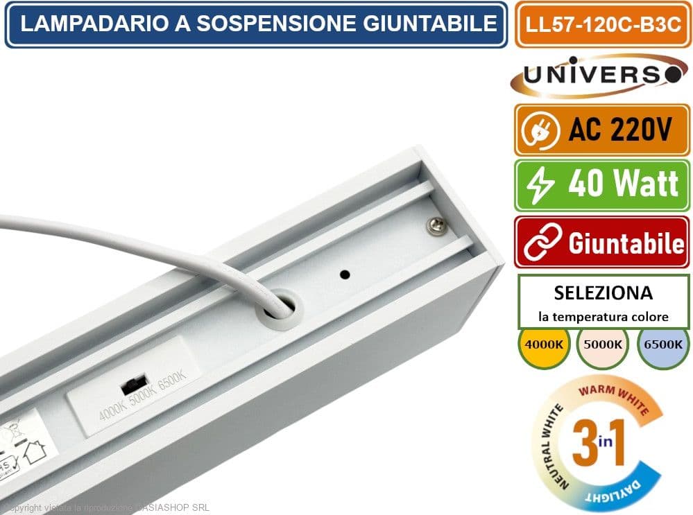 LAMPADARIO LED LINEARE MODULARE A SOSPENSIONE E SOFFITTO 40W CLORE LUCE SELEZIONABILE CCT - 4