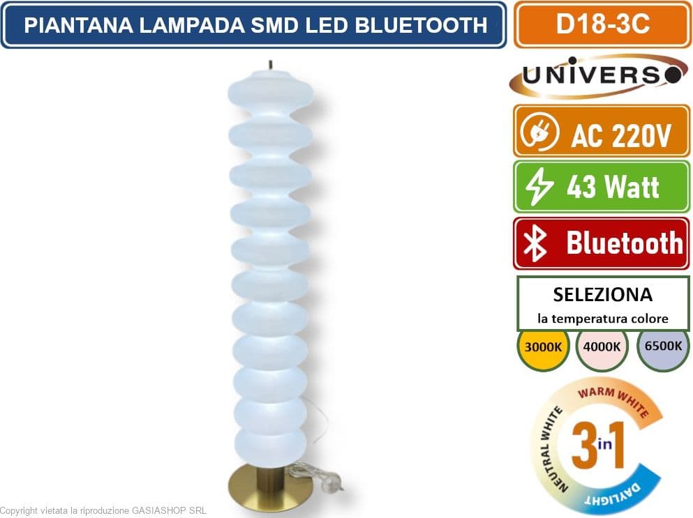UNIVERSO D18-3C LAMPADA PIANTANA SMD LED DI DESIGN BLUETOOTH 43W CCT PER SELEZIONE COLORE LUCE GESTIBILE DA TELECOMANDO E APP - 2