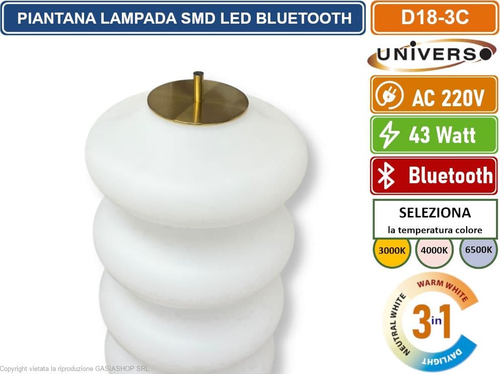 UNIVERSO D18-3C LAMPADA PIANTANA SMD LED DI DESIGN BLUETOOTH 43W CCT PER SELEZIONE COLORE LUCE GESTIBILE DA TELECOMANDO E APP - 3