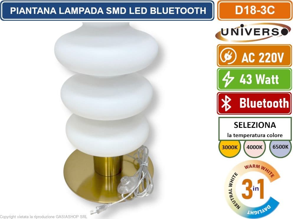 UNIVERSO D18-3C LAMPADA PIANTANA SMD LED DI DESIGN BLUETOOTH 43W CCT PER SELEZIONE COLORE LUCE GESTIBILE DA TELECOMANDO E APP - 4
