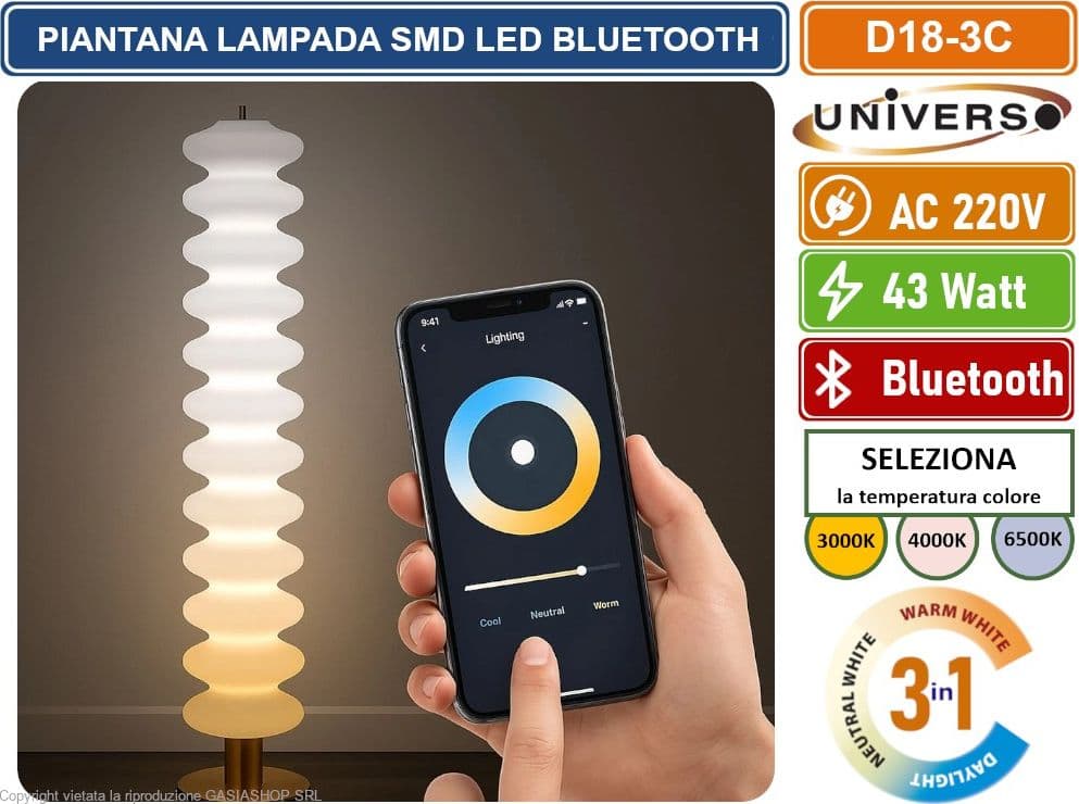 UNIVERSO D18-3C LAMPADA PIANTANA SMD LED DI DESIGN BLUETOOTH 43W CCT PER SELEZIONE COLORE LUCE GESTIBILE DA TELECOMANDO E APP - 5