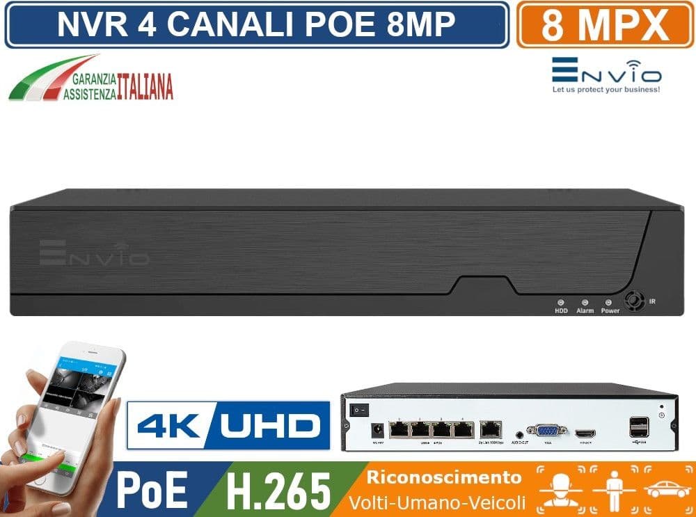 KIT VIDEOSORVEGLIANZA IP POE 4 CANALI 5MP ENVIO – NVR 4K ULTRA HD + TELECAMERE COLOR NIGHT + HDD 1TB + CAVI 20MT - 2