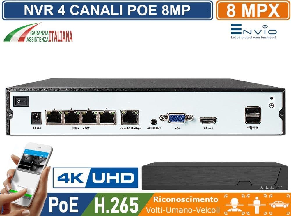 KIT VIDEOSORVEGLIANZA IP POE 4 CANALI 5MP ENVIO – NVR 4K ULTRA HD + TELECAMERE DOME COLOR NIGHT + HDD 1TB + CAVI 20MT - 3