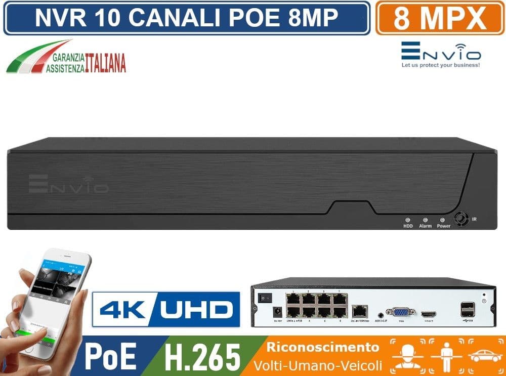 KIT VIDEOSORVEGLIANZA IP POE 8 CANALI 8MP ENVIO – NVR 4K ULTRA HD + TELECAMERE DOME COLOR NIGHT + HDD 1TB + CAVI 20MT - 2
