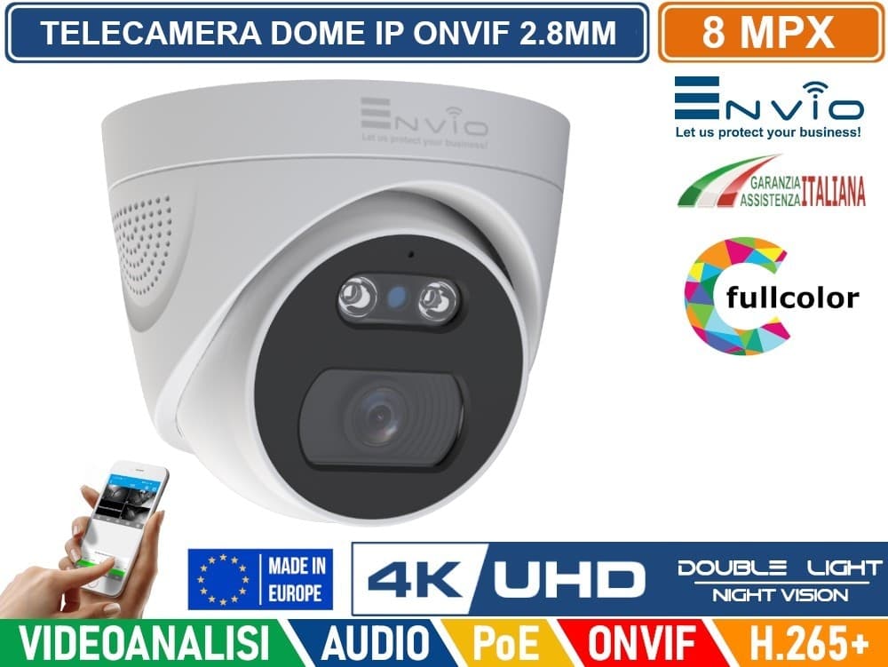KIT VIDEOSORVEGLIANZA IP POE 8 CANALI 8MP ENVIO – NVR 4K ULTRA HD + TELECAMERE DOME COLOR NIGHT + HDD 1TB + CAVI 20MT - 4
