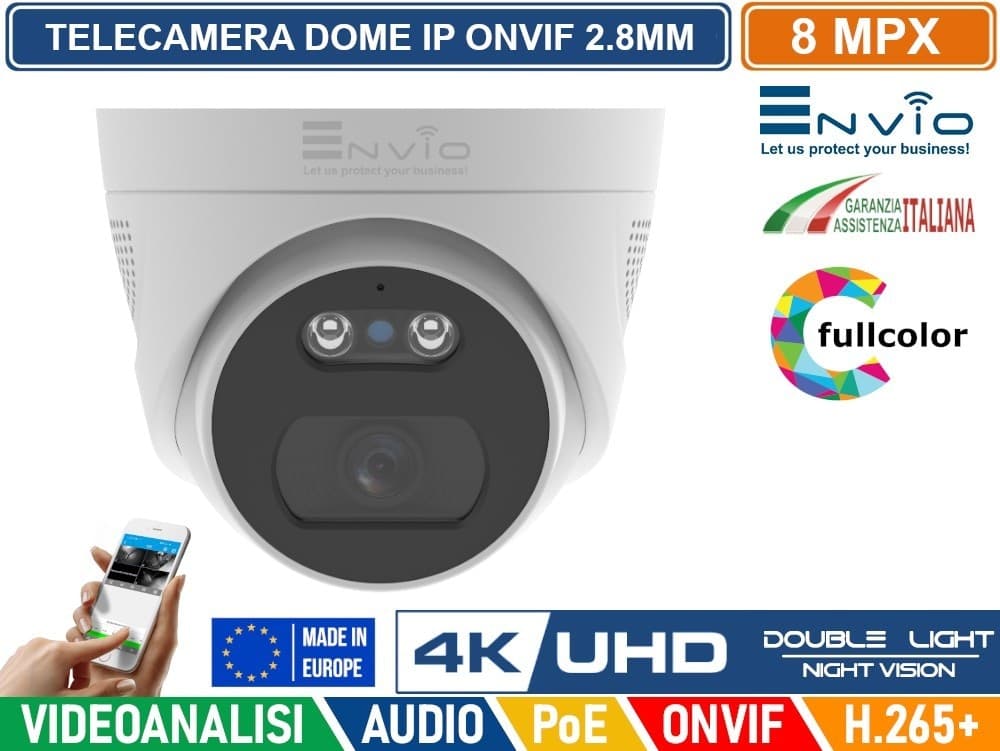 KIT VIDEOSORVEGLIANZA IP POE 8 CANALI 8MP ENVIO – NVR 4K ULTRA HD + TELECAMERE DOME COLOR NIGHT + HDD 1TB + CAVI 20MT - 5