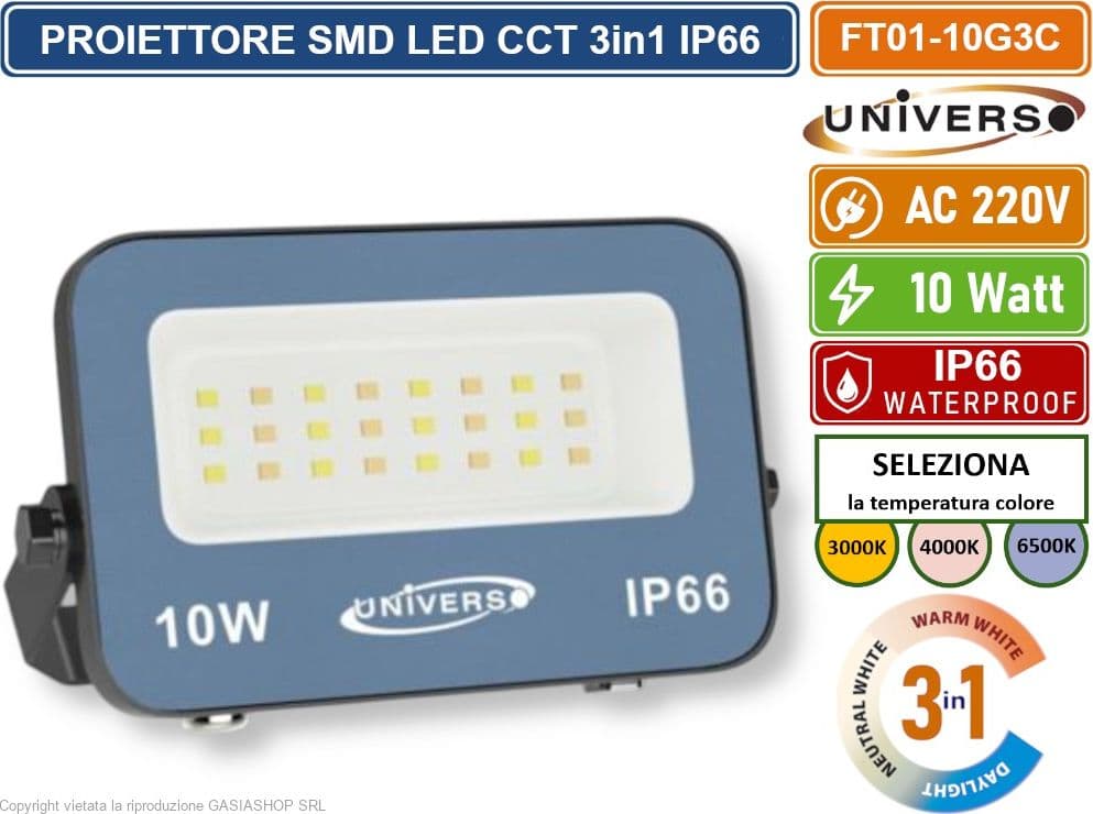 UNIVERSO FT01-10G3C FARO PROIETTORE SMD LED ULTRA SLIM 10W CCT SWITCH TEMPERATURA COLORE SELEZIONABILE IP66 - 2