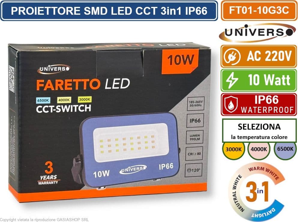 UNIVERSO FT01-10G3C FARO PROIETTORE SMD LED ULTRA SLIM 10W CCT SWITCH TEMPERATURA COLORE SELEZIONABILE IP66 - 3